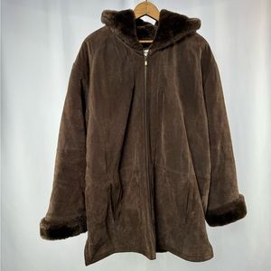 Vintage St. Johns Bay Hooded Faux Fur Lined Washable Suede Coat in Brown Size XL